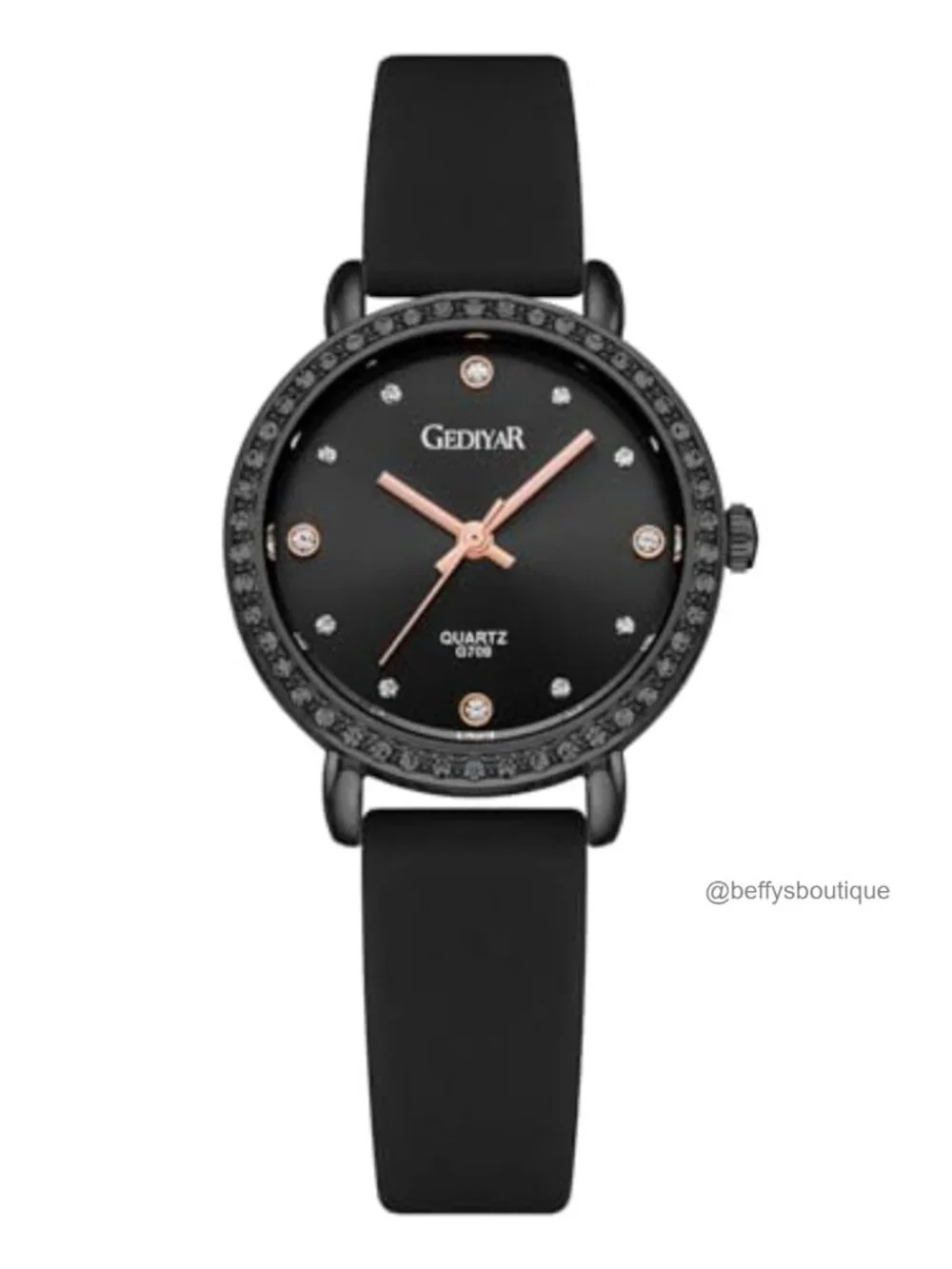 Crystal Quartz Analog Watch with Rhinestone Bezel, Waterproof Silicone Band